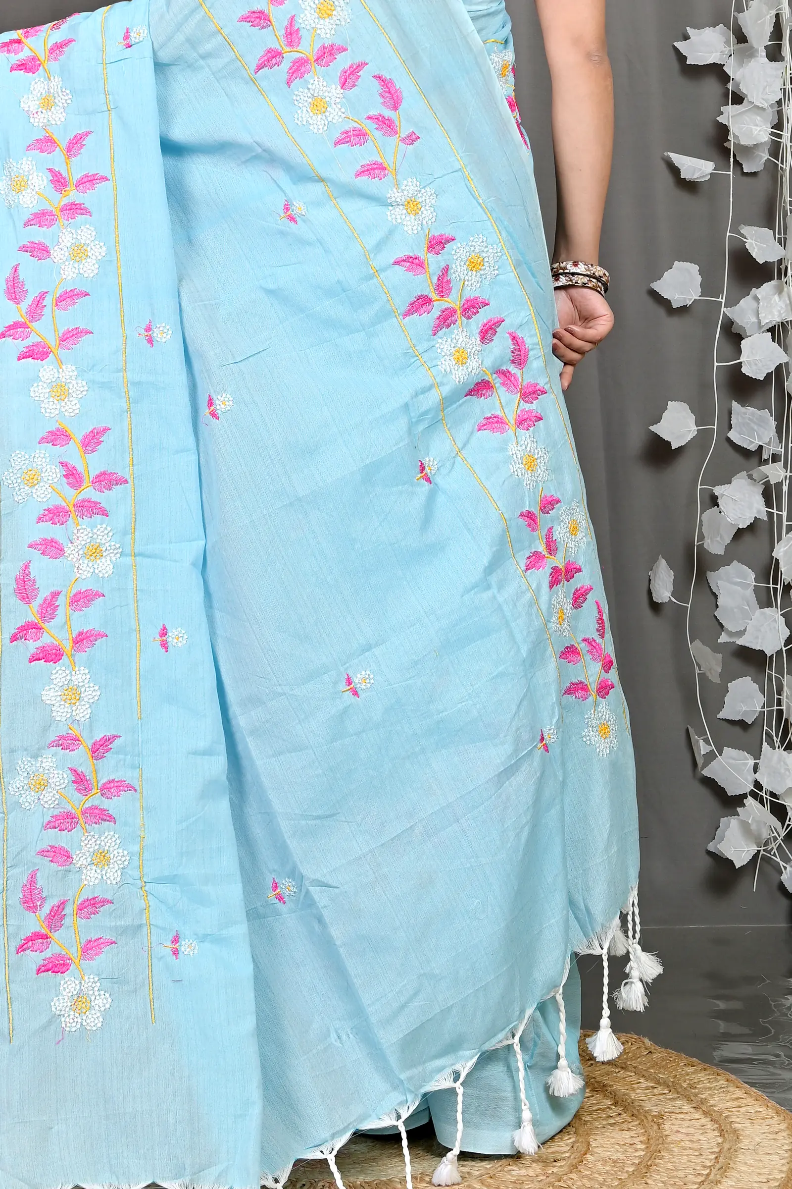 Sky Blue Cotton Blended Paraya Embroidery Handloom saree (301)